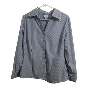 Worthington Button Stripe Blouse Plus 16 Long Sleeve French Cuff Collar V-neck